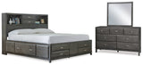 Caitbrook Queen Storage Bed with 8 Storage Drawers with Mirrored Dresser