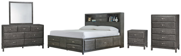 Caitbrook California King Storage Bed with 8 Storage Drawers with Mirrored Dresser, Chest and Nightstand