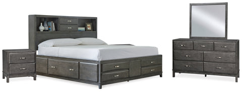 Caitbrook California King Storage Bed with 8 Storage Drawers with Mirrored Dresser and 2 Nightstands