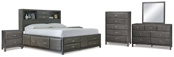 Caitbrook King Storage Bed with 8 Storage Drawers with Mirrored Dresser, Chest and 2 Nightstands