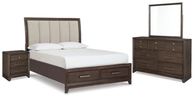 Brueban Queen Panel Bed with 2 Storage Drawers with Mirrored Dresser and Nightstand