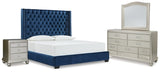 Coralayne King Upholstered Bed with Mirrored Dresser and Nightstand