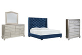 Coralayne Queen Upholstered Bed with Mirrored Dresser and Chest