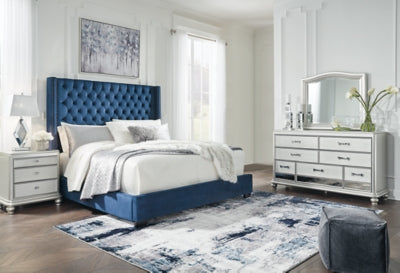 Coralayne King Upholstered Bed with Mirrored Dresser and Nightstand