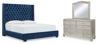 Coralayne King Upholstered Bed with Mirrored Dresser