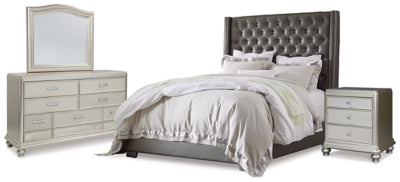 Coralayne King Upholstered Bed with Mirrored Dresser and Nightstand