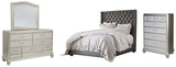 Coralayne King Upholstered Bed with Mirrored Dresser and Chest