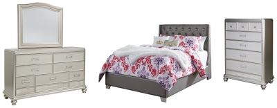 Coralayne Full Upholstered Bed with Mirrored Dresser and Chest