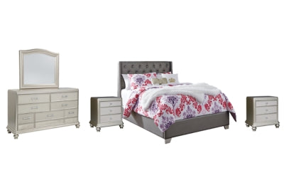 Coralayne Full Upholstered Bed with Mirrored Dresser and 2 Nightstands