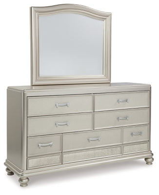 Coralayne King Upholstered Bed with Mirrored Dresser and Chest