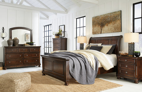 Porter Queen Sleigh Bed with Mirrored Dresser, Chest and 2 Nightstands