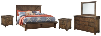 Lakeleigh Califorina King Panel Bed with Upholstered Bench with Mirrored Dresser and 2 Nightstands