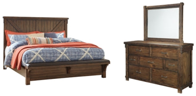 Lakeleigh Califorina King Panel Bed with Upholstered Bench with Mirrored Dresser