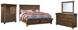 Lakeleigh Queen Panel Bed with Upholstered Bench with Mirrored Dresser and Chest