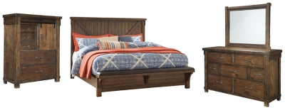 Lakeleigh King Panel Bed with Upholstered Bench with Mirrored Dresser and Chest