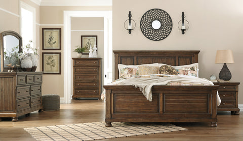 Flynnter California King Panel Bed with Mirrored Dresser, Chest and Nightstand