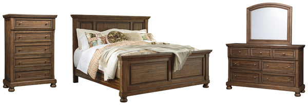 Flynnter King Panel Bed with Mirrored Dresser and Chest