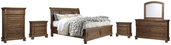 Flynnter California King Sleigh Bed with 2 Storage Drawers with Mirrored Dresser, Chest and 2 Nightstands