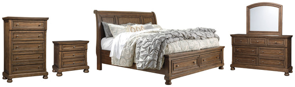Flynnter King Sleigh Bed with 2 Storage Drawers with Mirrored Dresser, Chest and Nightstand