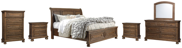 Flynnter King Sleigh Bed with 2 Storage Drawers with Mirrored Dresser, Chest and 2 Nightstands