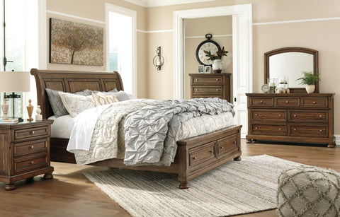 Flynnter Queen Sleigh Bed with 2 Storage Drawers with Mirrored Dresser, Chest and Nightstand