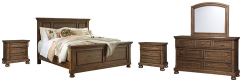 Flynnter California King Panel Bed with Mirrored Dresser and 2 Nightstands