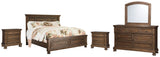 Flynnter California King Panel Bed with 2 Storage Drawers with Mirrored Dresser and 2 Nightstands