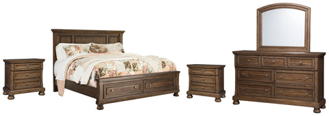 Flynnter King Panel Bed with 2 Storage Drawers with Mirrored Dresser and 2 Nightstands