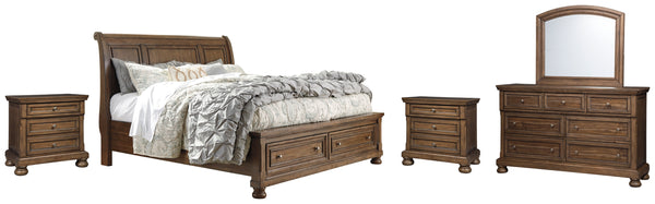 Flynnter King Sleigh Bed with 2 Storage Drawers with Mirrored Dresser and 2 Nightstands