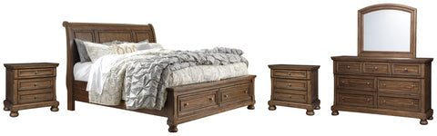 Flynnter King Sleigh Bed with 2 Storage Drawers with Mirrored Dresser and 2 Nightstands