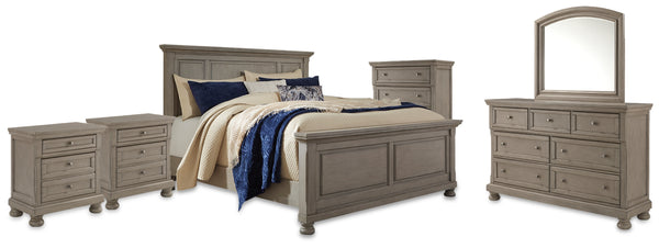 Lettner King Panel Bed with Mirrored Dresser, Chest and 2 Nightstands