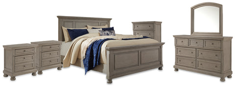 Lettner King Panel Bed with Mirrored Dresser, Chest and 2 Nightstands