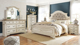 Realyn King Upholstered Panel Bed with Mirrored Dresser, Chest and 2 Nightstands