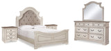 Realyn Queen Upholstered Panel Bed with Mirrored Dresser and 2 Nightstands