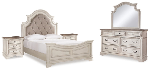 Realyn Queen Upholstered Panel Bed with Mirrored Dresser and 2 Nightstands