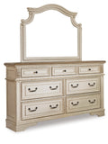 Realyn California King Upholstered Panel Bed with Mirrored Dresser and Chest