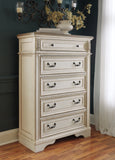 Realyn California King Upholstered Panel Bed with Mirrored Dresser and Chest