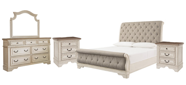 Realyn Queen Sleigh Bed with Mirrored Dresser and 2 Nightstands
