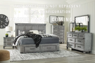 Russelyn California King Storage Bed with Mirrored Dresser, Chest and Nightstand