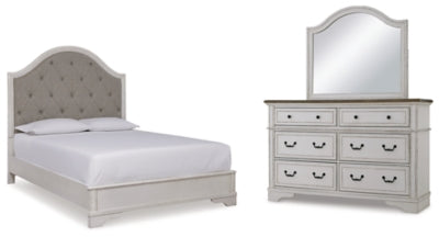 Brollyn Queen Upholstered Panel Bed with Mirrored Dresser