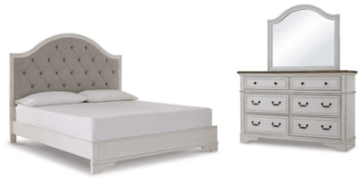 Brollyn King Upholstered Panel Bed with Mirrored Dresser