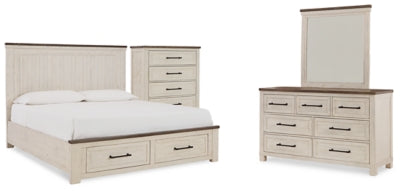 Brewgan Queen Panel Storage Bed with Mirrored Dresser and Chest