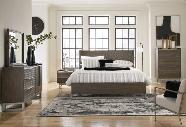 Arkenton California King Panel Bed with Mirrored Dresser, Chest and Nightstand