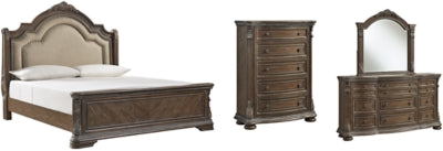 Charmond California King Upholstered Sleigh Bed with Mirrored Dresser and Chest