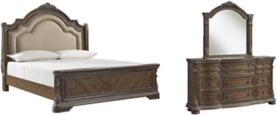 Charmond Queen Upholstered Sleigh Bed with Mirrored Dresser