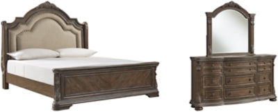 Charmond California King Upholstered Sleigh Bed with Mirrored Dresser