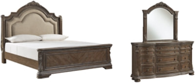 Charmond King Upholstered Sleigh Bed with Mirrored Dresser