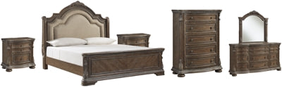 Charmond California King Upholstered Sleigh Bed with Mirrored Dresser, Chest and 2 Nightstands