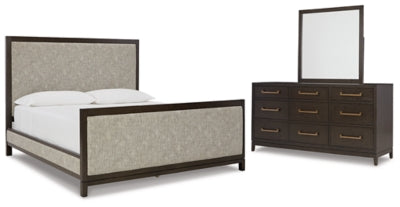 Burkhaus Queen Upholstered Bed with Mirrored Dresser