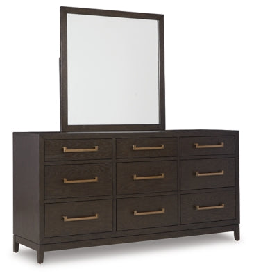 Burkhaus California King Upholstered Bed with Mirrored Dresser